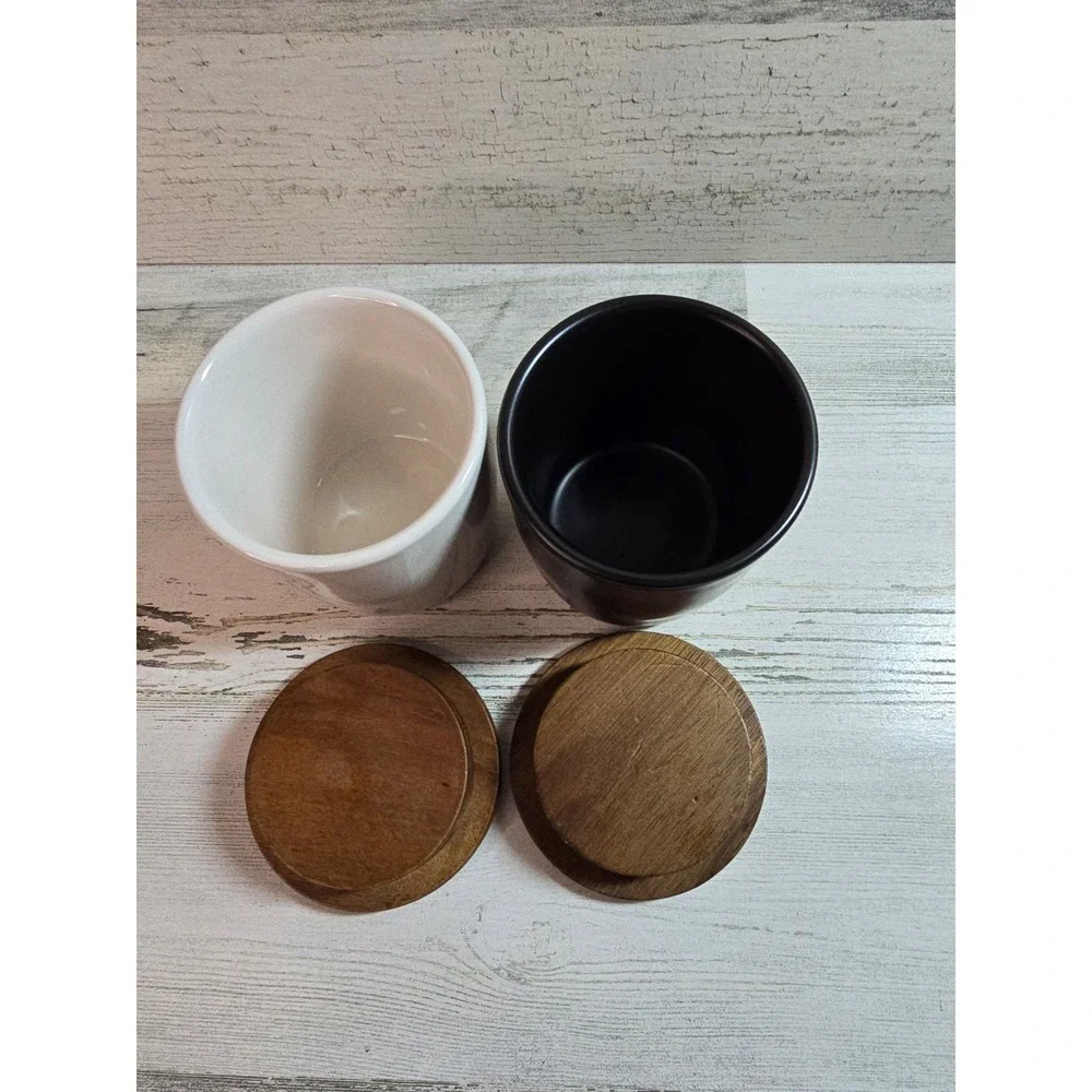 Rae Dunn Artisan Collection‎ Salt and Pepper Cellar Set White Black Wood Lids
